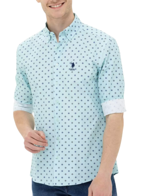 Рубашка с принтом мужская / Бирюзовый / 44