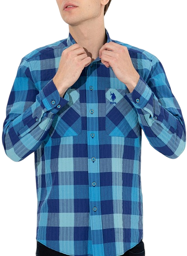 Рубашка в клетку мужская / Синий / 52