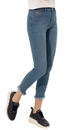 Джинсы укороченные с бахромой женские / Синий / 52