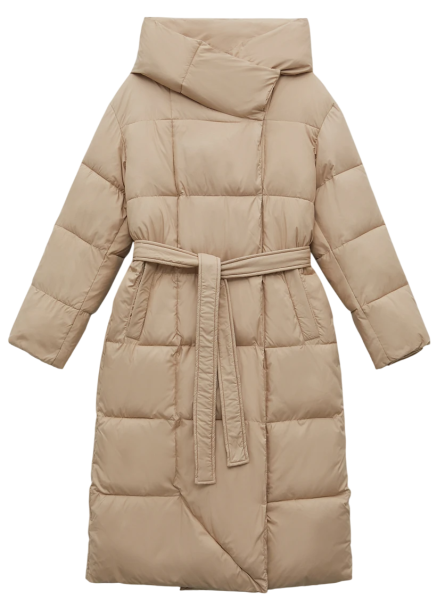 Стеганое утепленное пальто с поясом / Бежевый / 50
