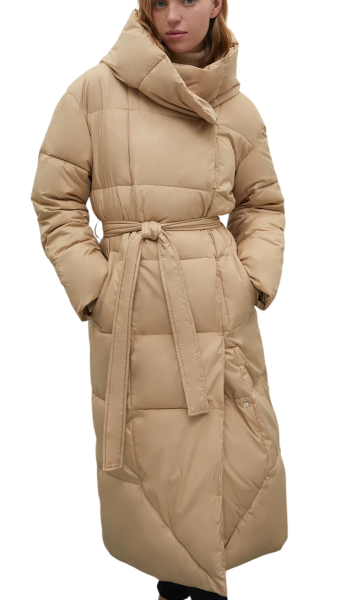 Стеганое утепленное пальто с поясом / Бежевый / 50
