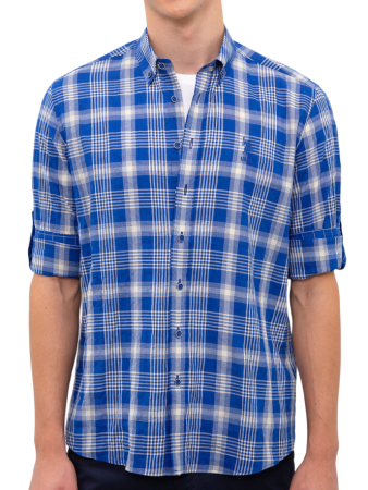 Рубашка в клетку мужская / Голубой / 46