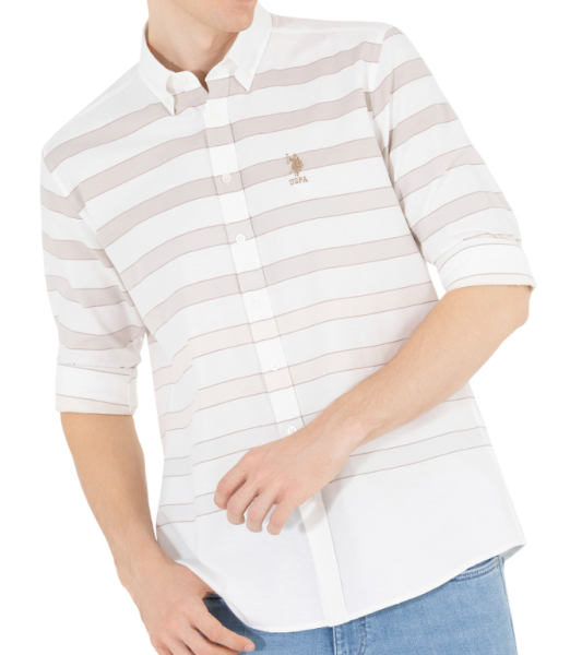 Рубашка в полоску мужская / Бежевый / 46